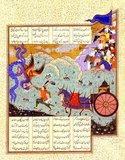 Isfandiyar, son of Gushtasp (the 5th Kayanian King) Battles Simurgh, the Fantastic Bird. From the Shah-nama (Book of Kings) the Epic of Medieval Persia by Firdawsi, a 10th century poet. Shiraz, 1330.<br/><br/>

The Shahnameh or Shah-nama is an enormous poetic opus written by the Persian poet Ferdowsi around 1000 AD and is the national epic of the cultural sphere of Greater Persia. Consisting of some 60,000 verses, the Shahnameh tells the mythical and historical past of (Greater) Iran from the creation of the world until the Islamic conquest of Persia in the 7th century.<br/><br/>

The work is of central importance in Persian culture, regarded as a literary masterpiece, and definitive of ethno-national cultural identity of Iran. It is also important to the contemporary adherents of Zoroastrianism, in that it traces the historical links between the beginnings of the religion with the death of the last Zoroastrian ruler of Persia during the Muslim conquest.